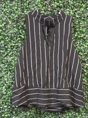 She + Sky Black Striped Mock Neck Keyhole Tank